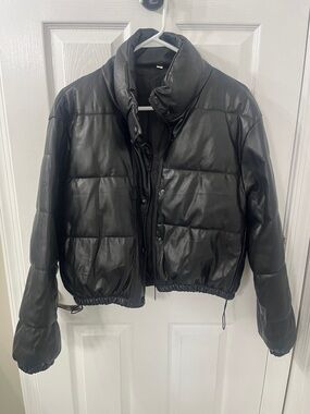 Black Quilted Faux-Leather Puffer Jacket - Women's